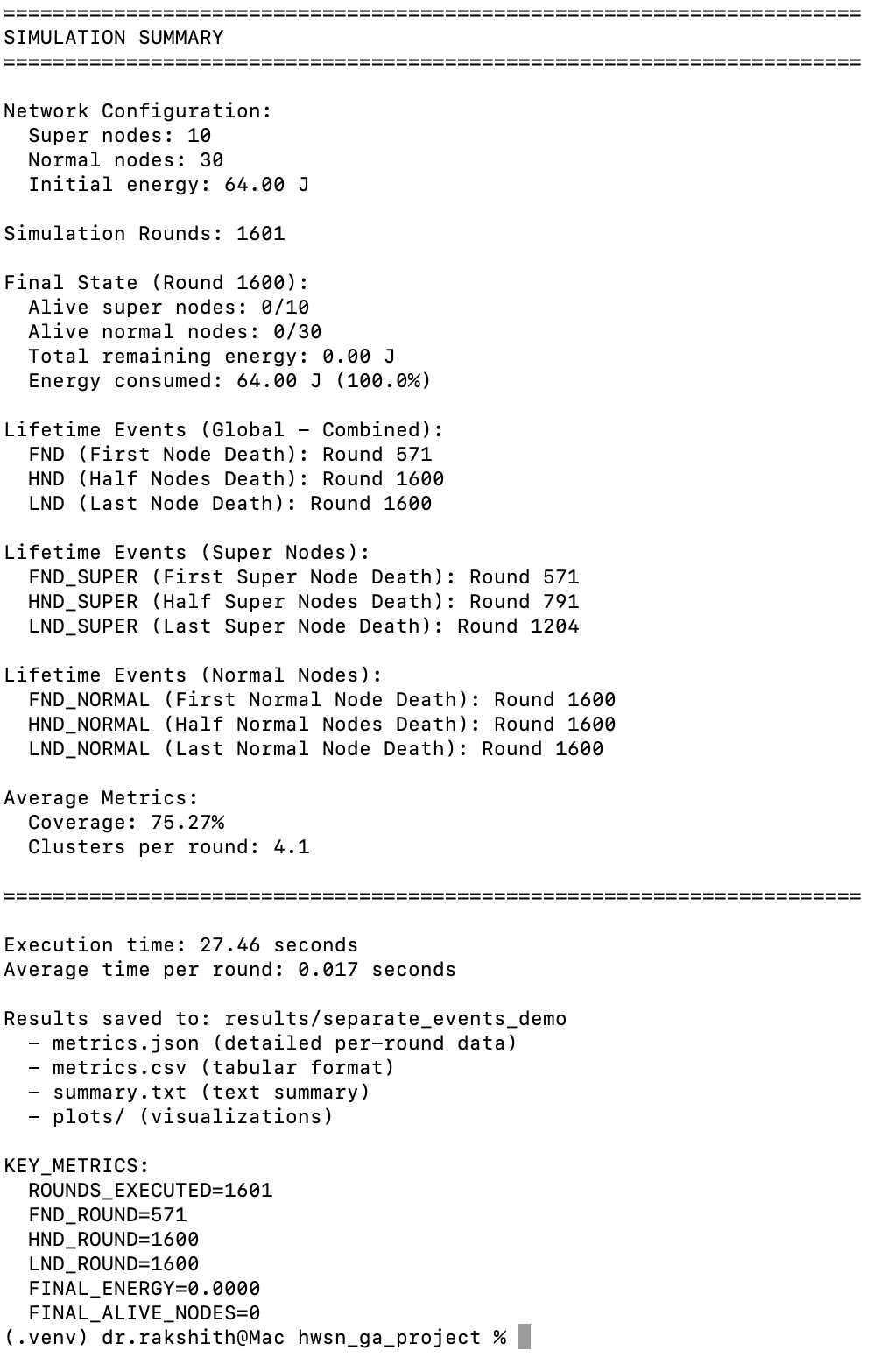 Simulation summary output showing lifetime events, coverage, execution time, and final energy metrics.